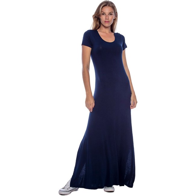 Vestido Longo Malha Gola Canoa Manga Curta Amazonia Vital Azul