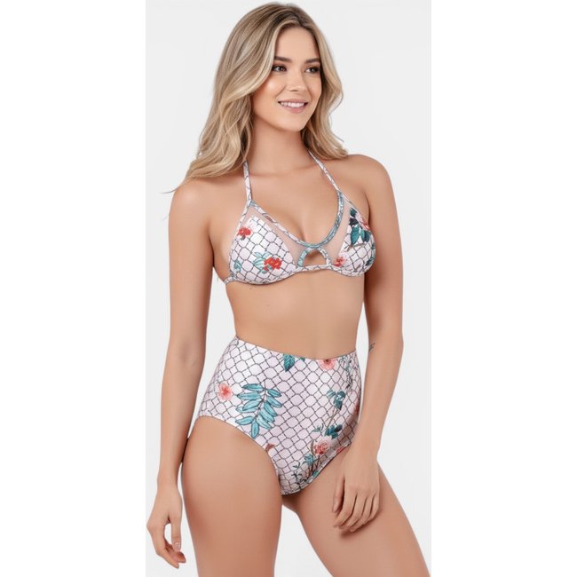 Biquíni Areia Branca Praya Hot Pant Floral Branco