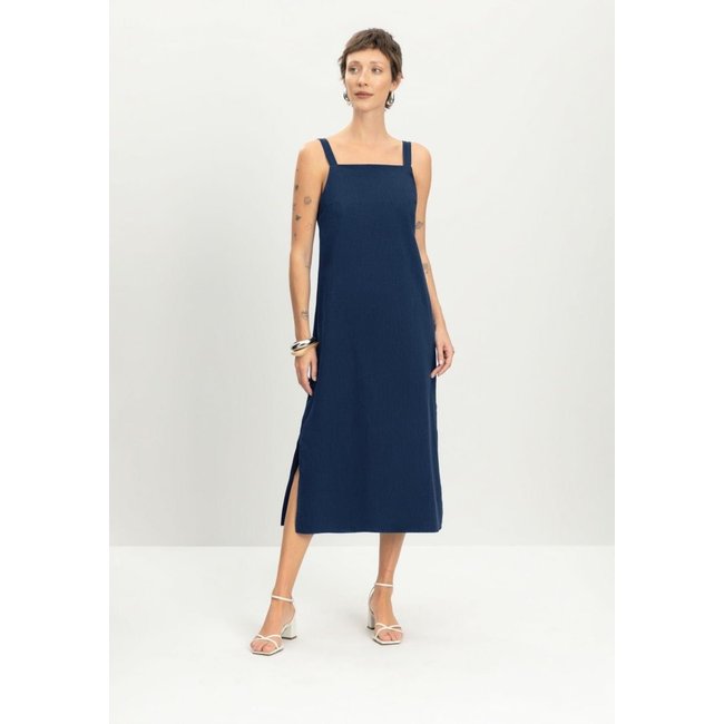 Vestido feminino midi em linho Essendi -AZUL ESCURO Azul