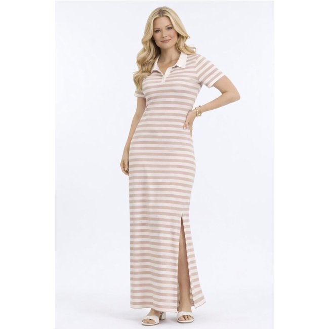 Vestido Midi D Bell Outlet Fashion Gola Polo Listrado Bege
