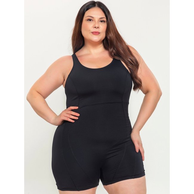 Maiô Shortinho Plus Size Orla da Praia Macaquinho para Natação Hidroginástica Preto