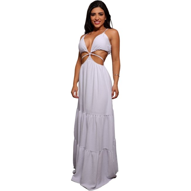 Vestido Longo Amarração Decote em V abertura Lateral Festa Réveillon Bela Branco