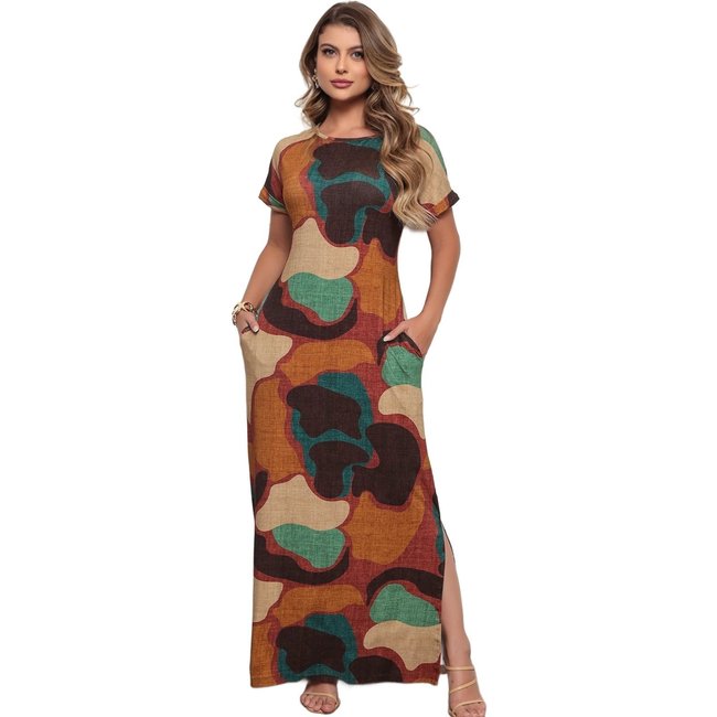Vestido Longo Loose Dellamarca Viscolycra Estampado Confortável Caramelo