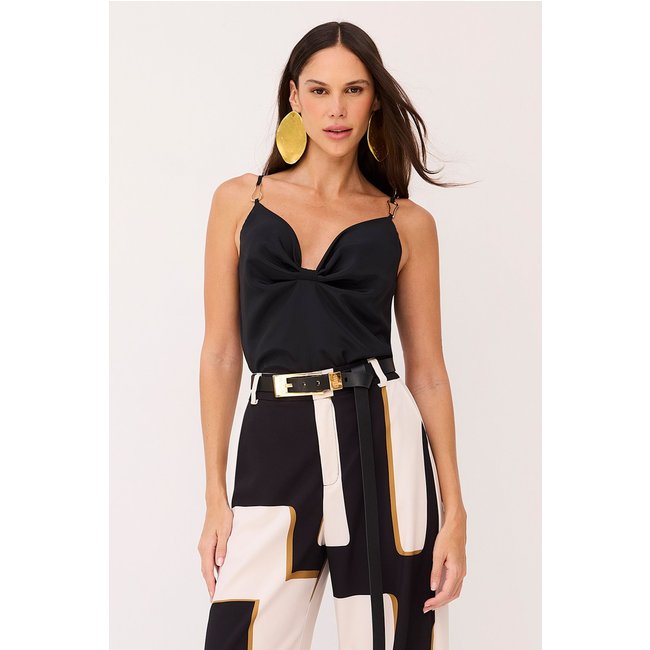 Blusa Lisa Alças Finas Com Enfeite Preto Charry