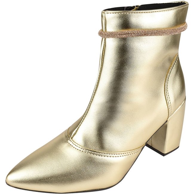 Bota Cano Curto Rosa Chic Calçados Bico Fino Salto Alto Zíper Brilho Strass Feminino Dourado