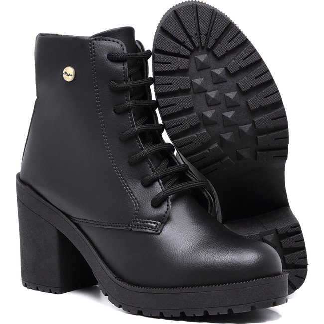 Bota Feminina Coturno Tratorado Salto Médio Grosso Zíper Preto