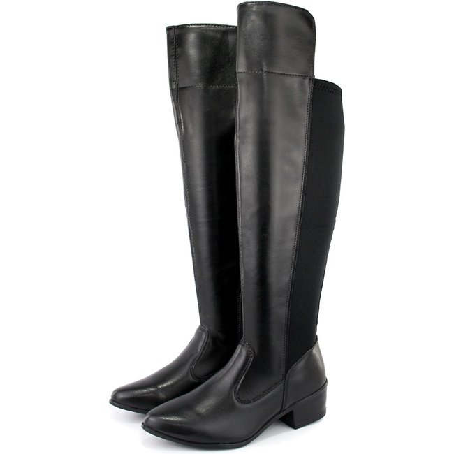 Bota Over Feminina Cano Alto Salto Baixo Zíper Confortável Preto