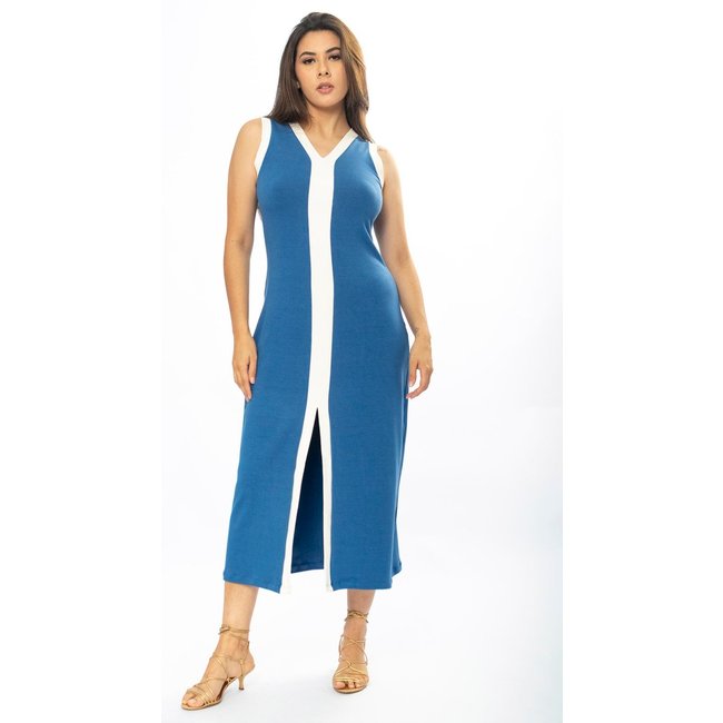 Vestido Midi Amazônia Vital Fenda Frontal Color Block Azul Bic