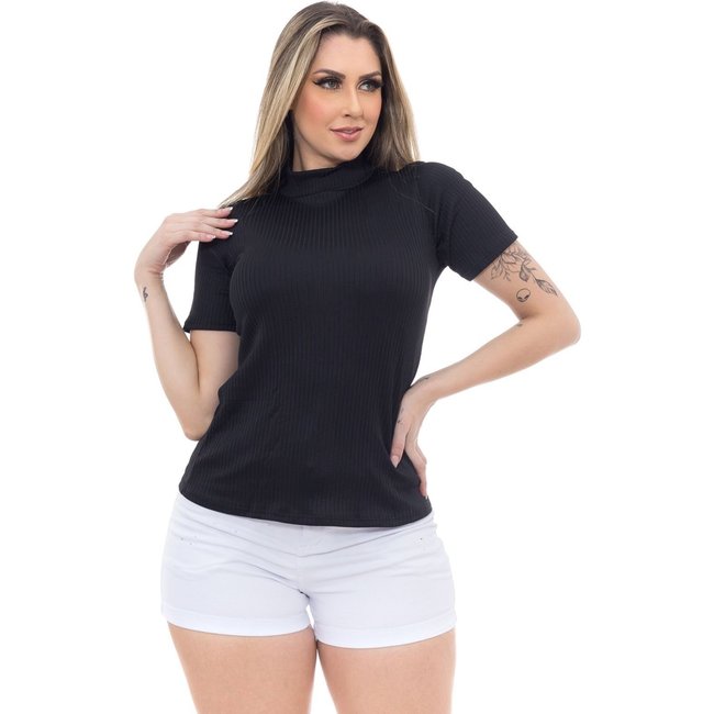 Blusa Feminina Canelada Premium Manga Curta Gola Alta - Preto