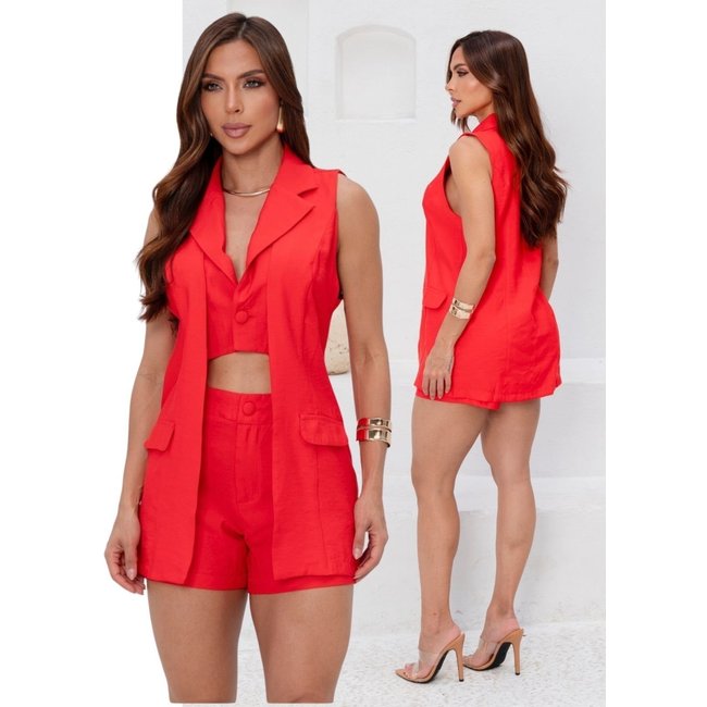 Conjunto Feminino Alfaitaria Colete Blazer Duplo e Shorts Vermelho