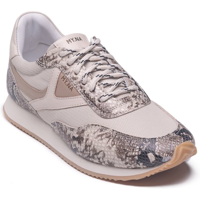 Tênis MY.NA Y9 Couro Legítimo Off White com detalhes em Cobra