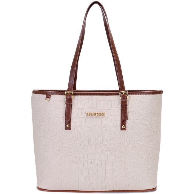 Bolsa Feminina Moncci Grande Ombro Forrada Fivela Roma Croco Marfim