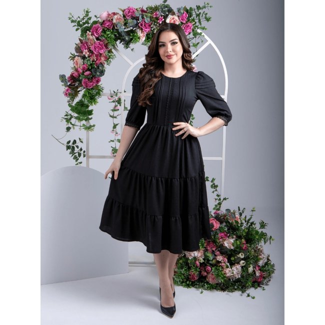 Vestidos Midi Elegante Festa Convidada com Manga e Guipir Preto