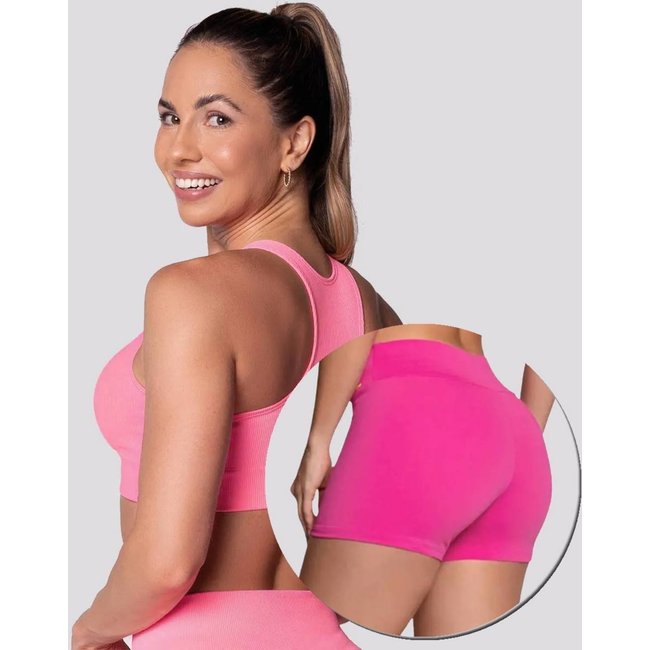 Conjunto Top Canelado e Shorts Selene Sem Costura Feminino Rosa
