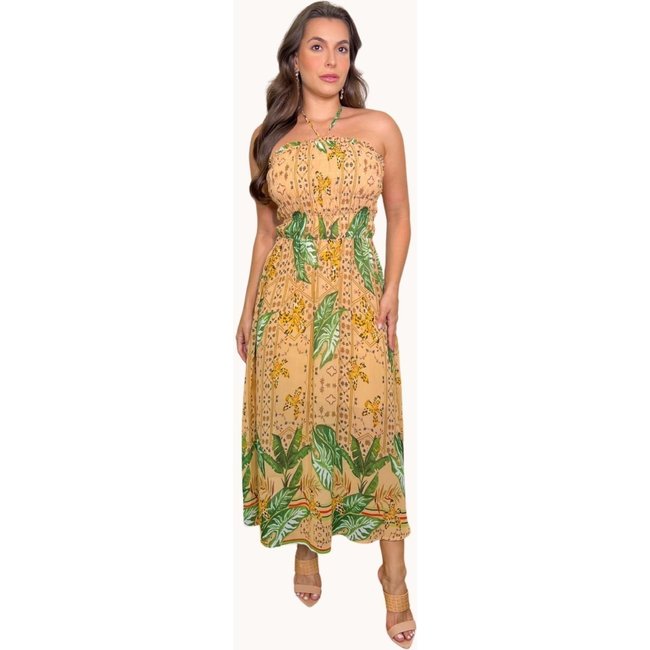 VESTIDO MIDI COM FRANZIDOS E ESTAMPA BARRADA Bege