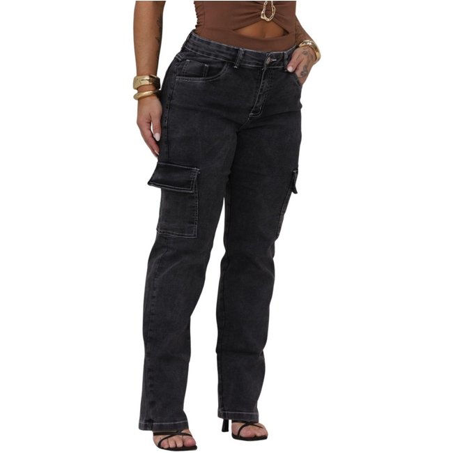 Calça Feminina Cargo Cinza Grafite Jeans Loka