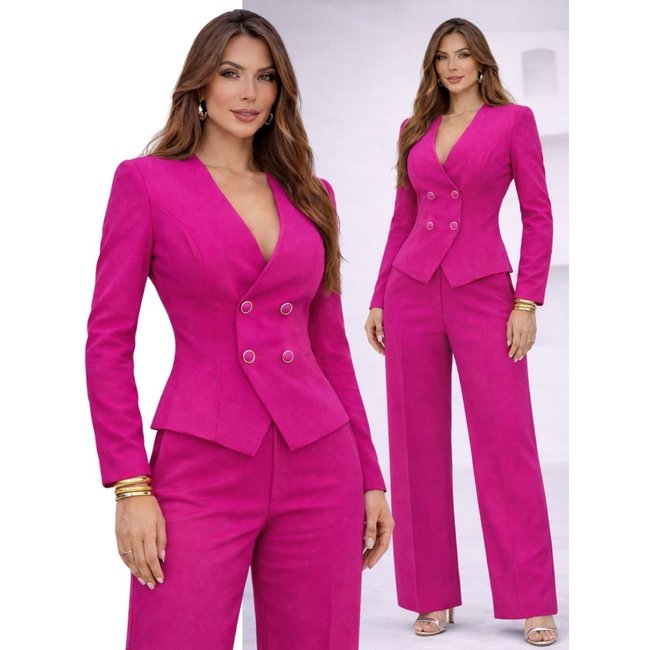 Conjunto Feminino Alfaiataria Divina Gata Blusa Colete e Calça - Rosa Berry