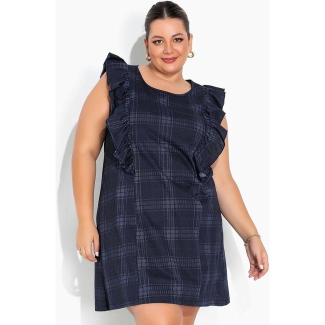 Vestido Com Babados Plus Size Xadrez Azul Marguerite
