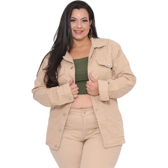 Jaqueta Feminina Plus Size de Sarja cor Creme Tecido Quadriculado