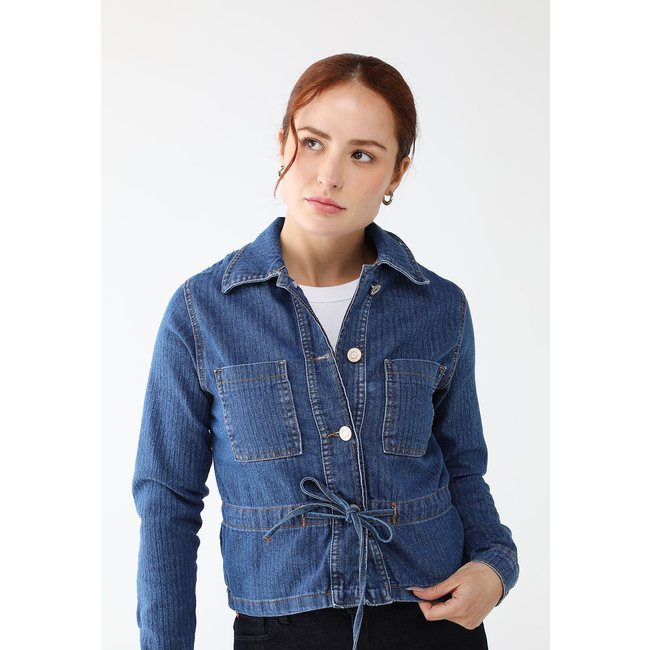 Jaqueta Jeans Sawary Reta Com ajuste frontal Azul