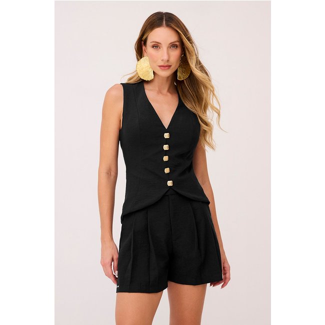 Short Cintura Alta Liso Com Cós Transpassado Preto Charry