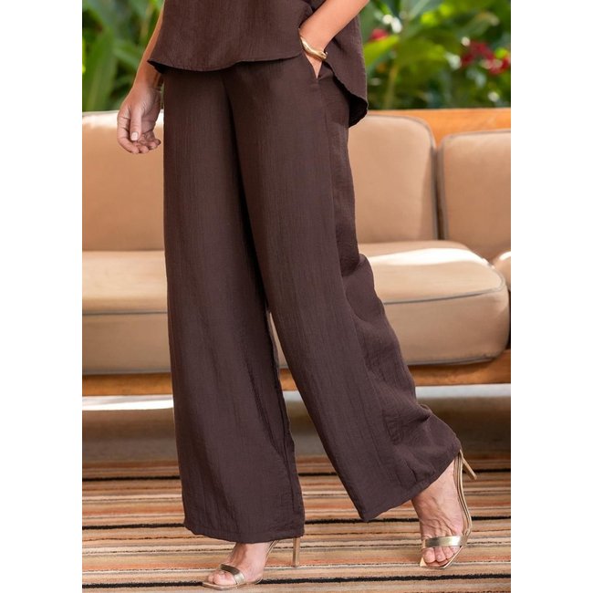 Calça Em Viscose Plana Sarjada Marrom Quintess