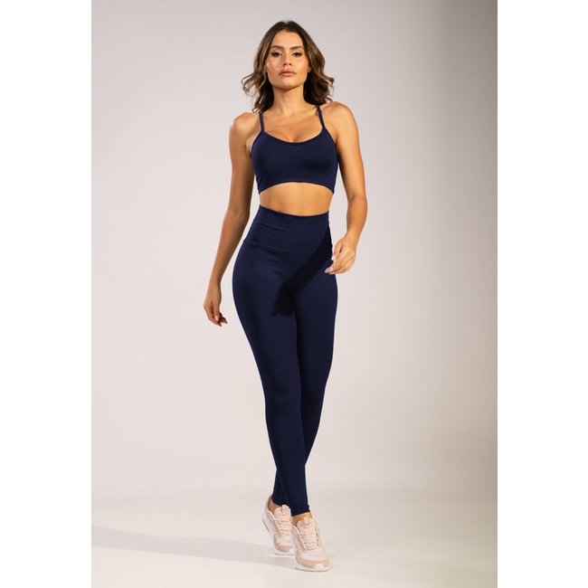 Conjunto Top e Calça Fitness Serra E Mar Modas Alça Fina Nadador Cintura Alta Marinho