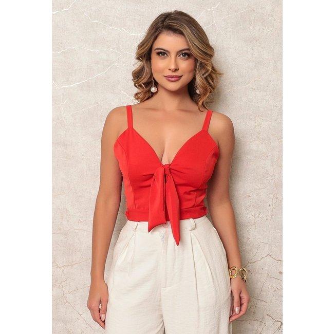 Blusa Regata Cropped Detalhe Laço Moda Verão Vermelho