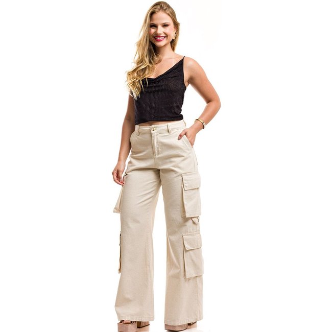 Calça Pantalona Restrito Jeans de Linho Cargo 8 Bolsos - Bege