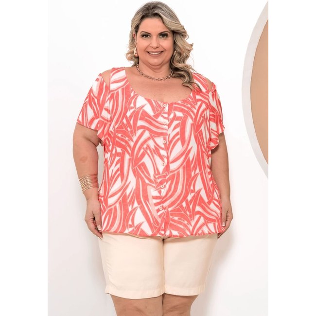 Conjunto Feminino Blusa Manga Curta E Bermuda Plus Size Elegante-Bege