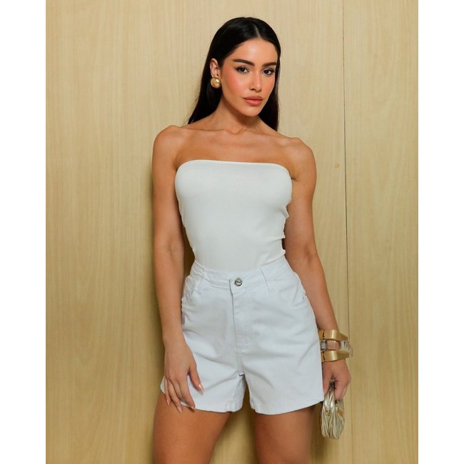 Shorts Jeans Mom Feminino Cintura Alta Básico com Elastano 70201 Branca Consciência