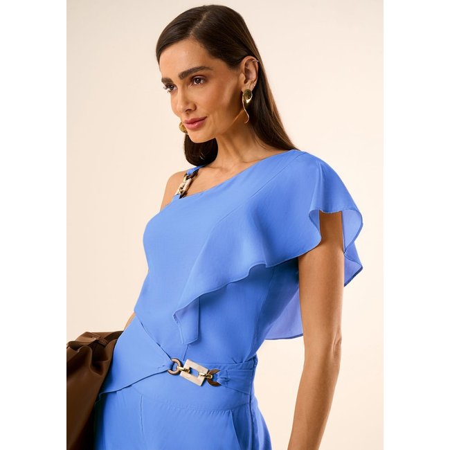 Blusa Maria Valentina Solta Um Ombro Só Manga Curta Padrão Azul