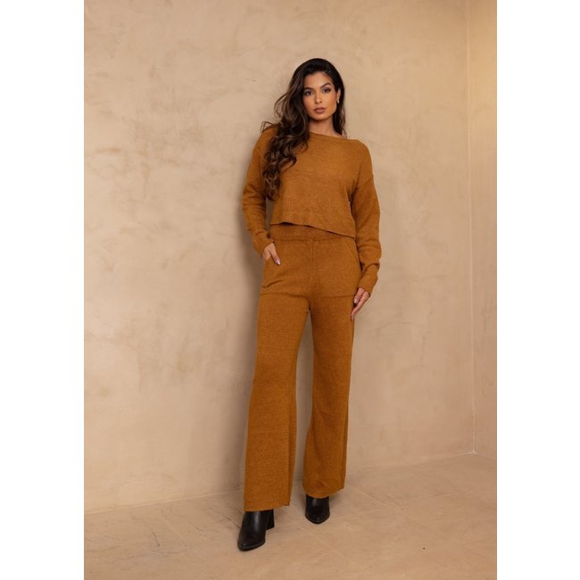 Conjunto Tricot Moysse Blusa Manga Longa e Calça Flare Venk Cia do Vestido Telha