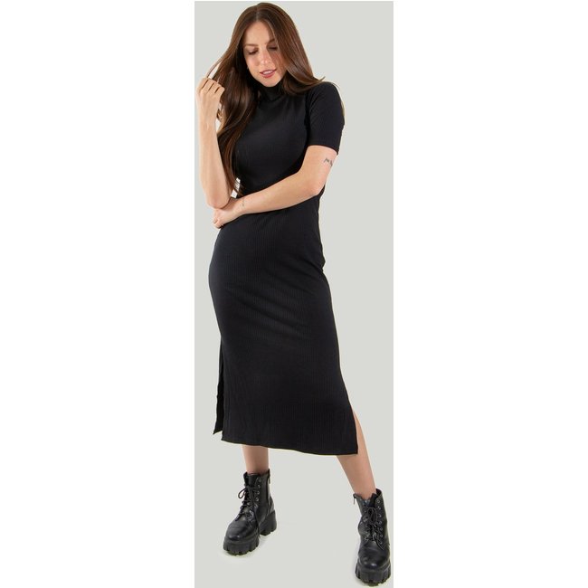 Vestido Midi Diluxo Gola Alta Canelada Preto