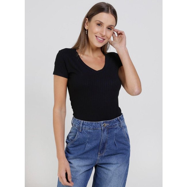 Blusa Manga Curta Canelada Autentique Feminina Preto