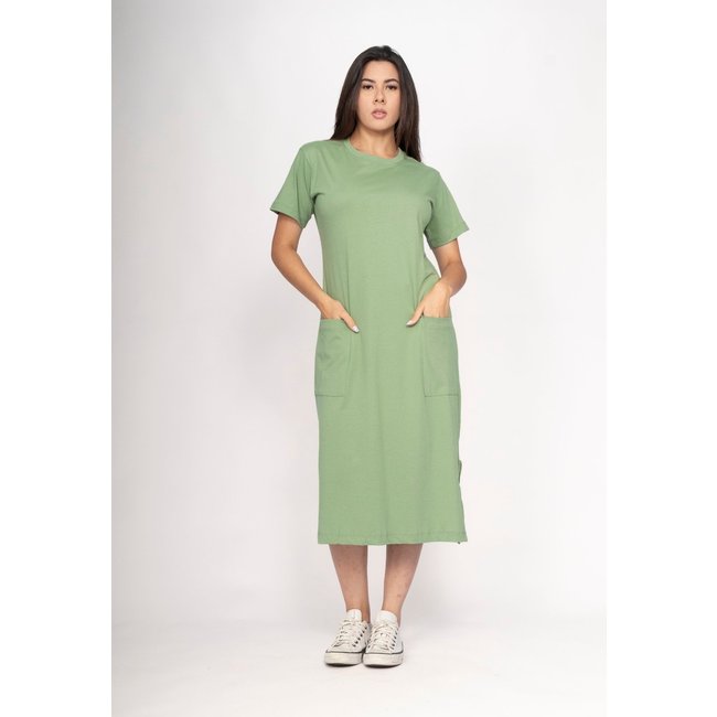 Vestido CabanaFree Midi Algodão Manga Curta 02 Bolsos Folha Viva