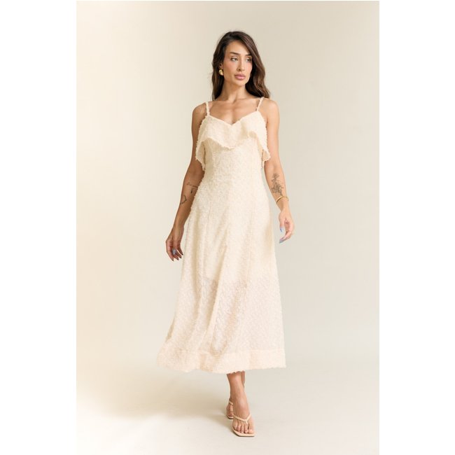 Vestido Midi Elegante em Tecido Texturizado com Detalhe Fluido Bege Lemier Collection