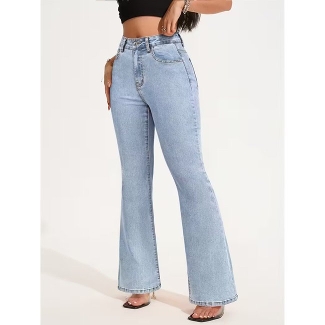 Calça Jeans Flare Alpha Street Wear Azul Clara Feminina Cintura Alta e Caimento Perfeito