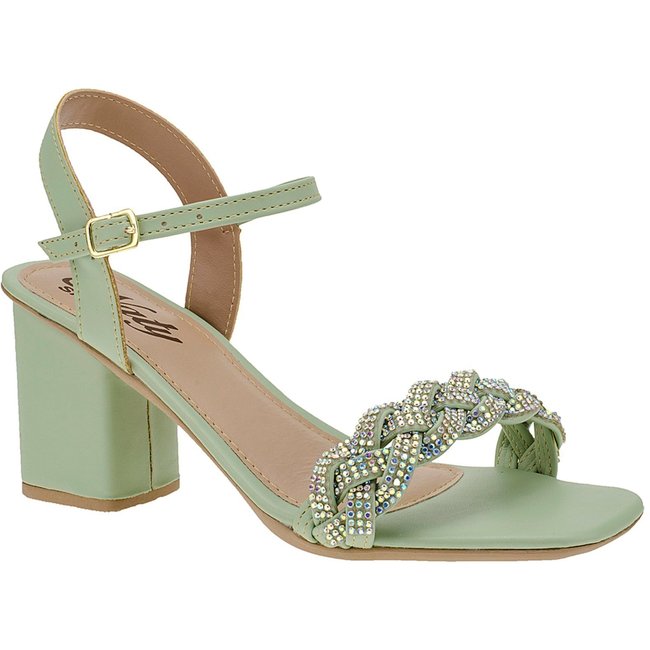 Salto Alto 7,5 cm Social Verde Menta Sandália Casual Naty Shoes Tira Strass Brilhante Salto Quadrado