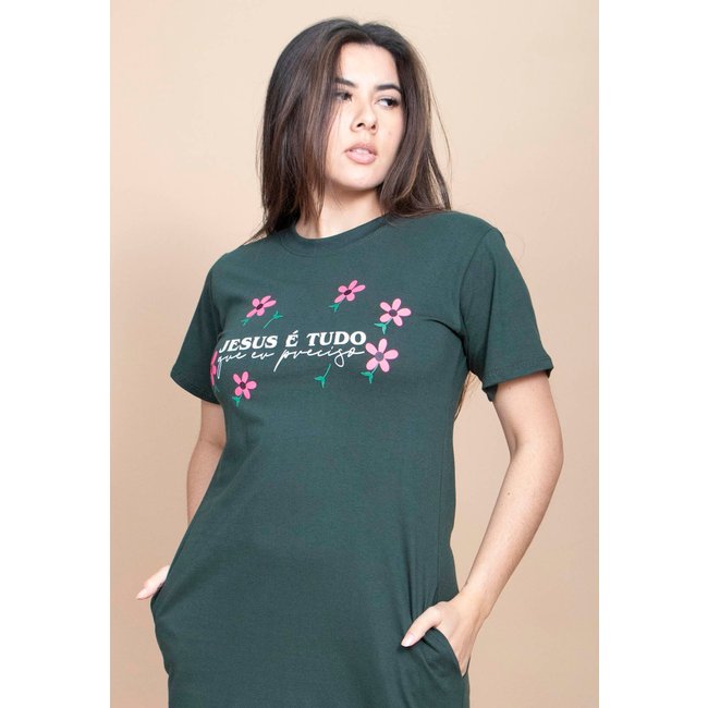 Vestido Cabanafree Midi Algodão Manga Curta Moda Evangélica Verde