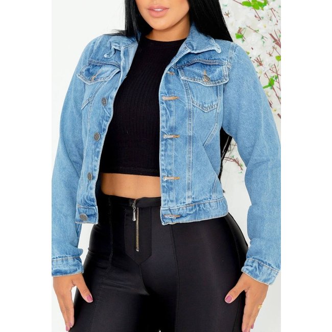 Jaqueta Feminina Jeans Delavê Bolsos Frontais e Botões Metálicos Modelo Premium