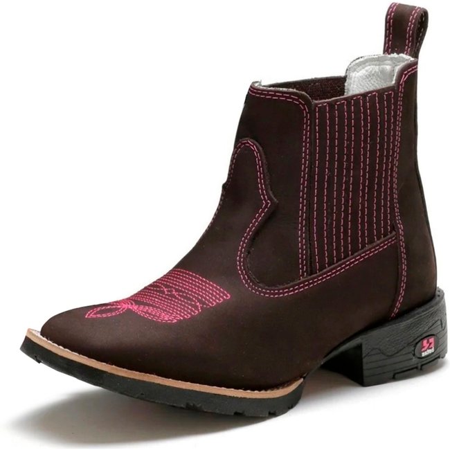 Bota Feminina RR Botas Texana Country Couro Elástico Bordado Bico Quadrado Marrom