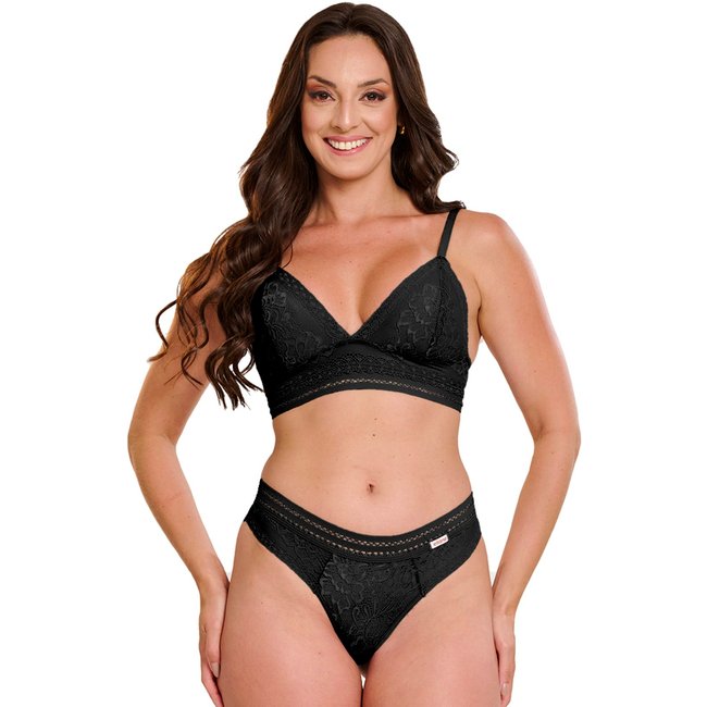 Conjunto Rendado Gabi Lingerie Poliamida Elástico Sutiã Sem Bojo Calcinha Renda Preto