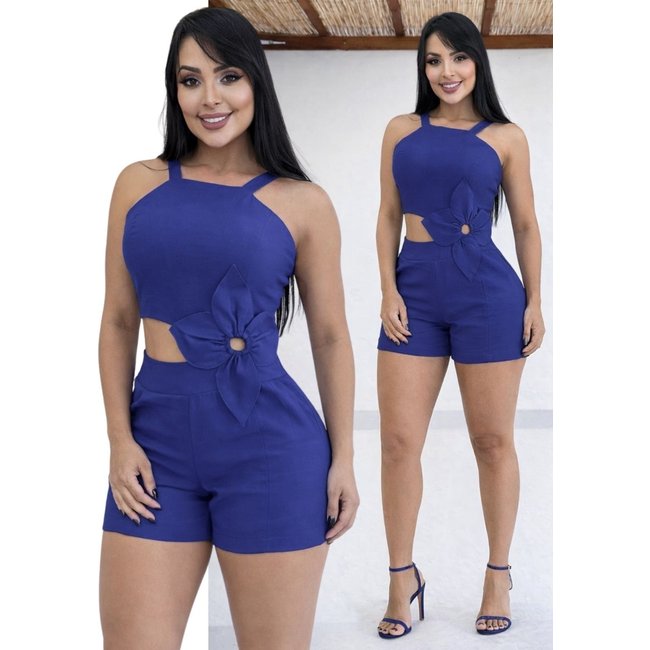 Macacão Feminino Curto Divina Gata Alfaiataria Flor 3D - Azul 2NV
