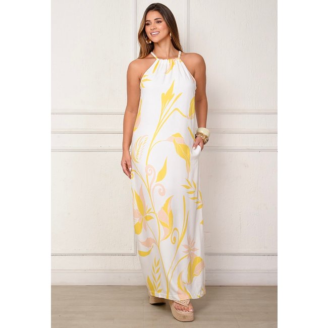 Vestido Sabrina – Longo com Amarração no Pescoço Estampa Amarela