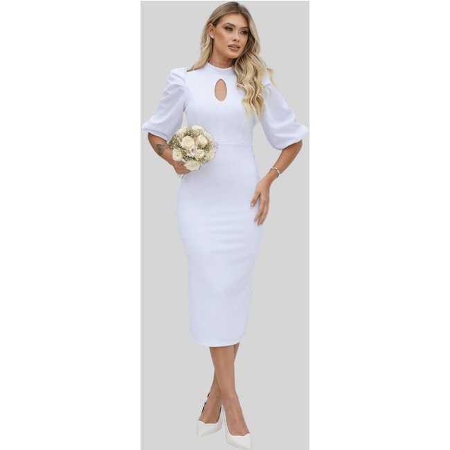 Vestido Miss e Misses Diana Midi Manga 3/4 E C/ Zíper Costa Branco