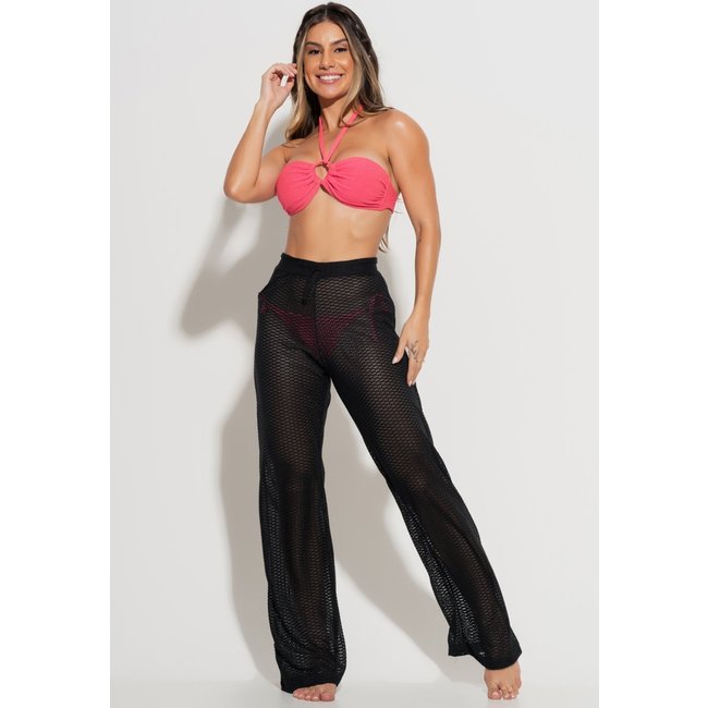 Calça Pantalona MVB Modas Saída de Praia Renda Furadinha Preto