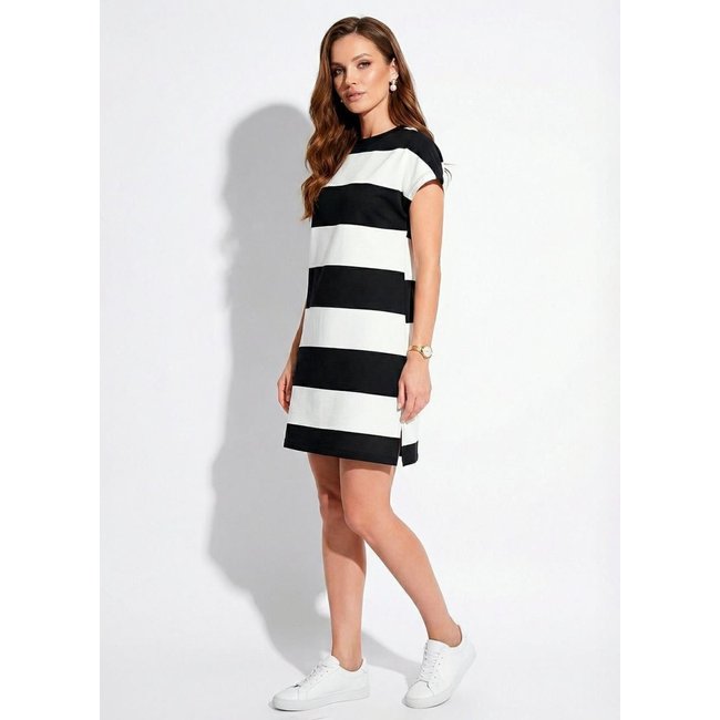 Vestido Em Malhão De Algodão Listrado Preto E Branco Quintess