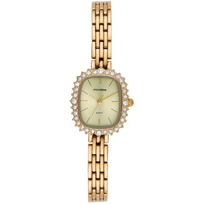Relógio Feminino Quadrado Cristais Dourado Mondaine