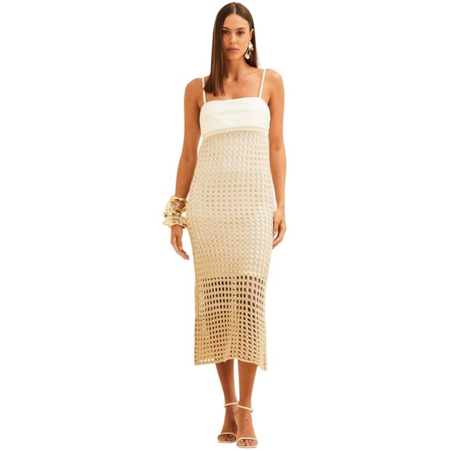 Vestido Forum Detalhe Croche Offwhite com fios Dourados e Linho